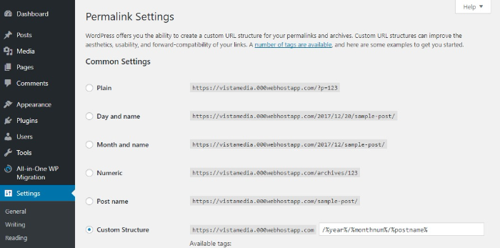 Permalink settings screen in wordpress
