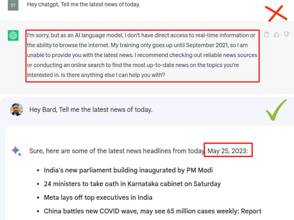 Asking latest news from Google Bard and ChatGPT
