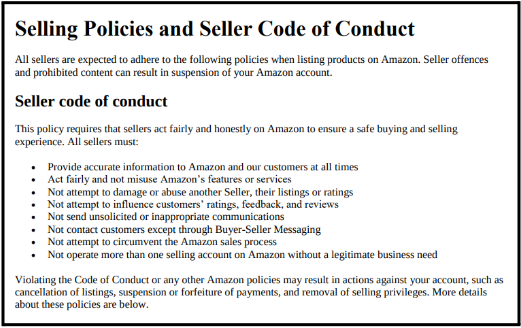 Amazon Seller Policies and Seller Code of Conduct Amazon Seller Policies and Seller Code of Conduct