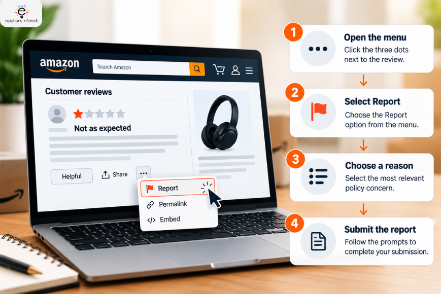 Infographic showing how to report a potentially policy-violating Amazon review by opening the review menu, selecting Report, choosing a reason, and submitting the report.<br />
